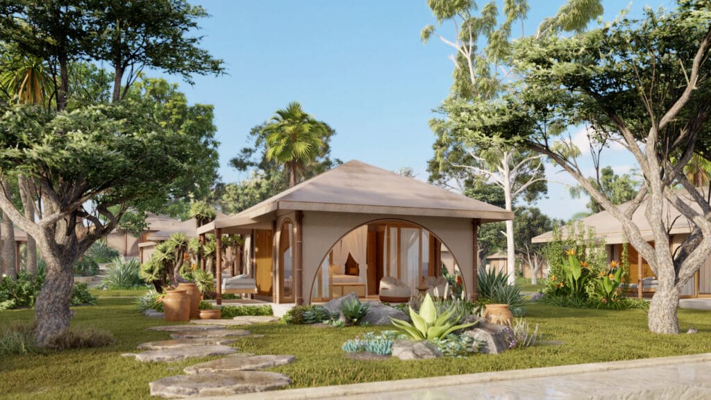 Deluxe glamping tent exterior at Dunes Beach Resort