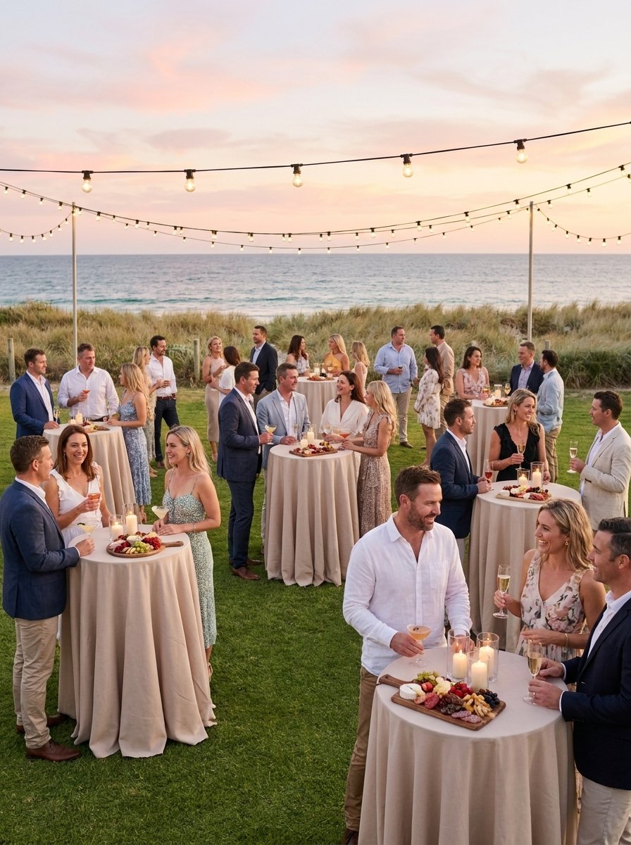 Birthday cocktail party on the beachfront lawn at sunset