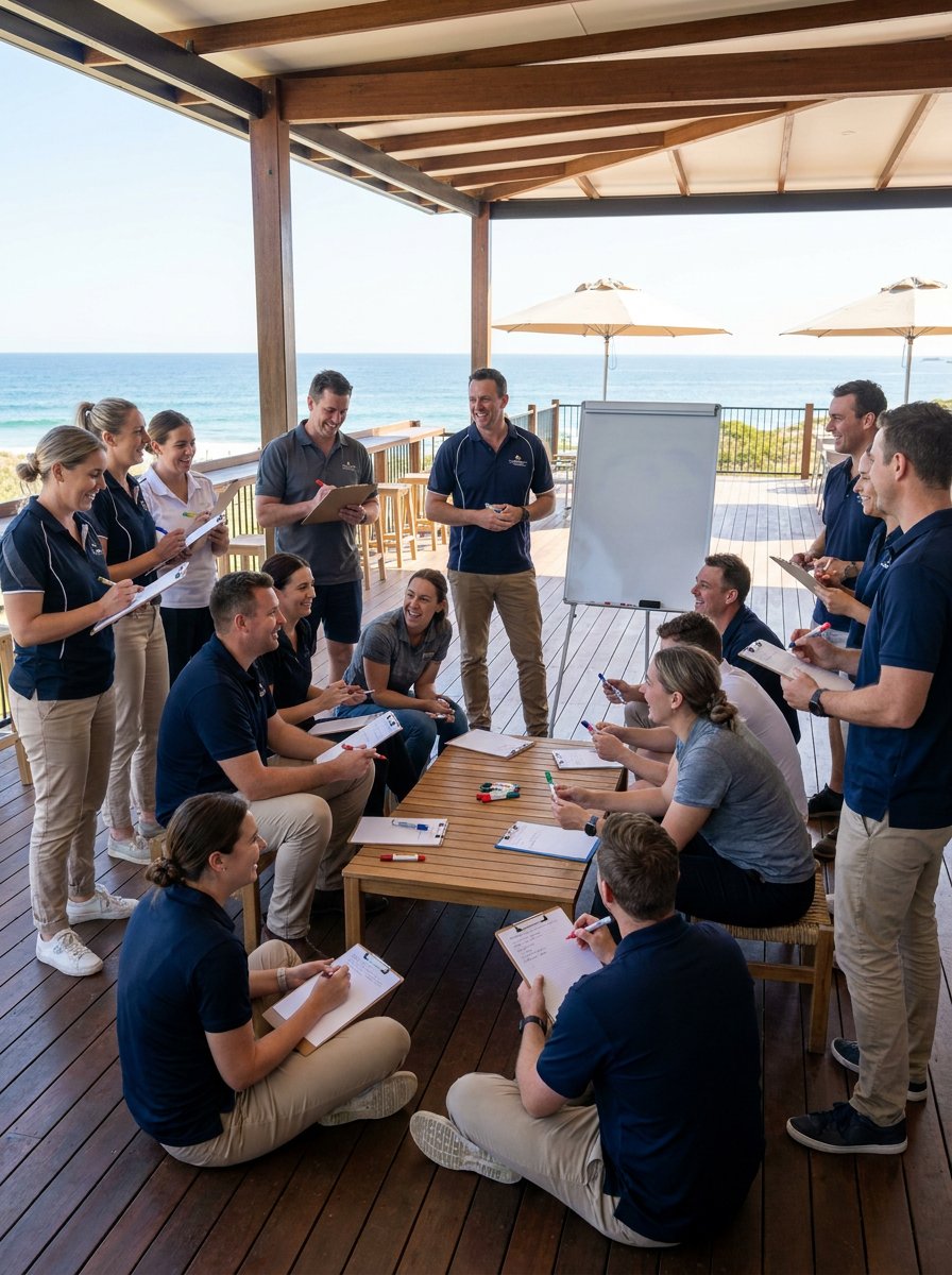 Corporate team building activity on the alfresco deck at Dunes Beach Resort