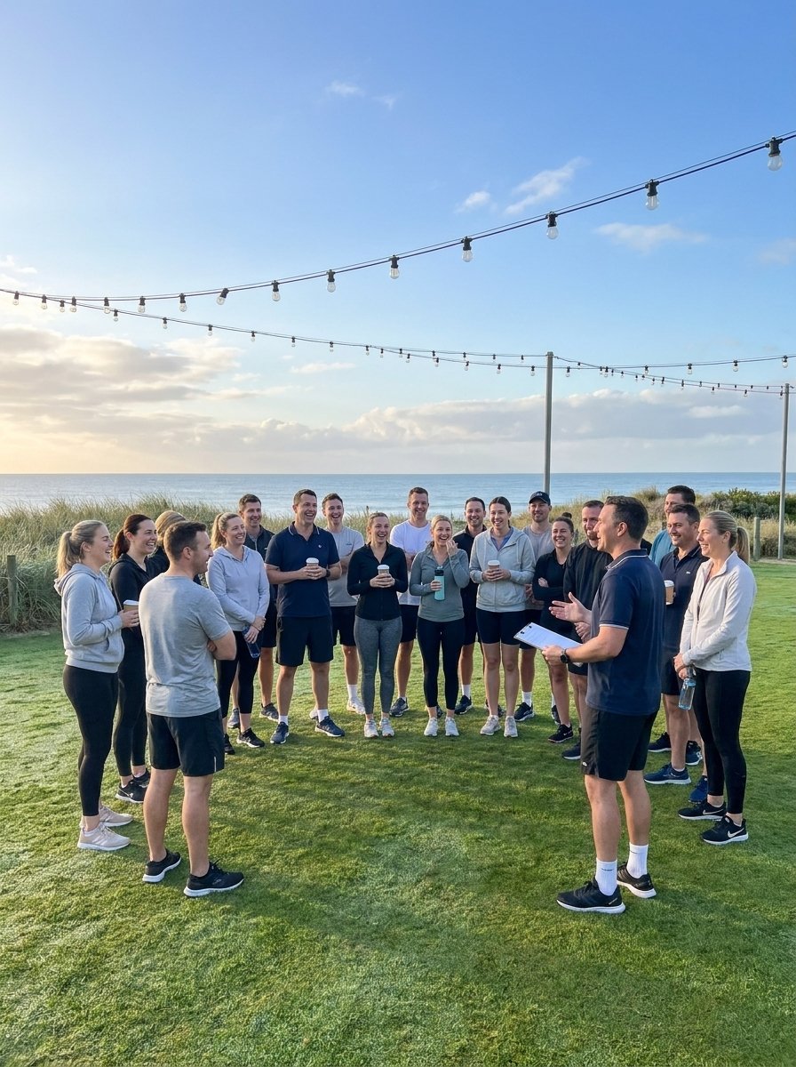 Team morning huddle on the beachfront lawn at Dunes Beach Resort