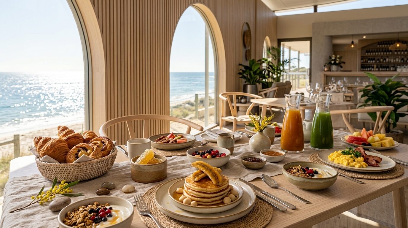 Breakfast spread of hotcakes granola and pastries at Sandara Dunes Beach Resort